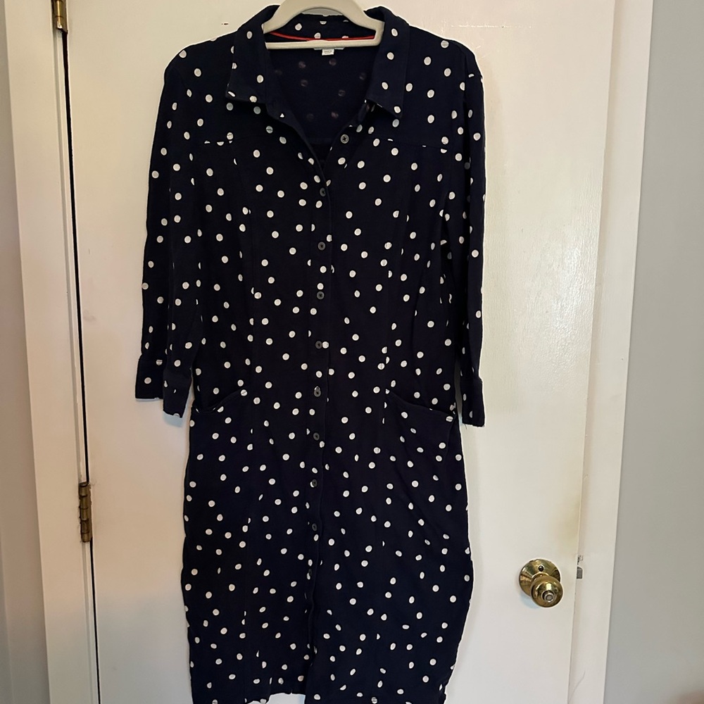 Boden Jersey Navy Polka Dot Button-Up Dress | 10R